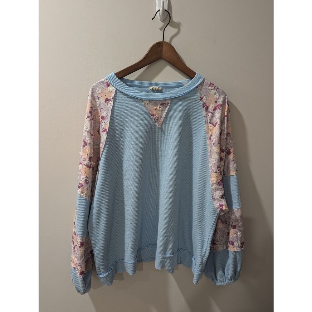 POL Sky Blue Long Sleeve Tee with Pink Floral Panels - Picture 2 of 6
